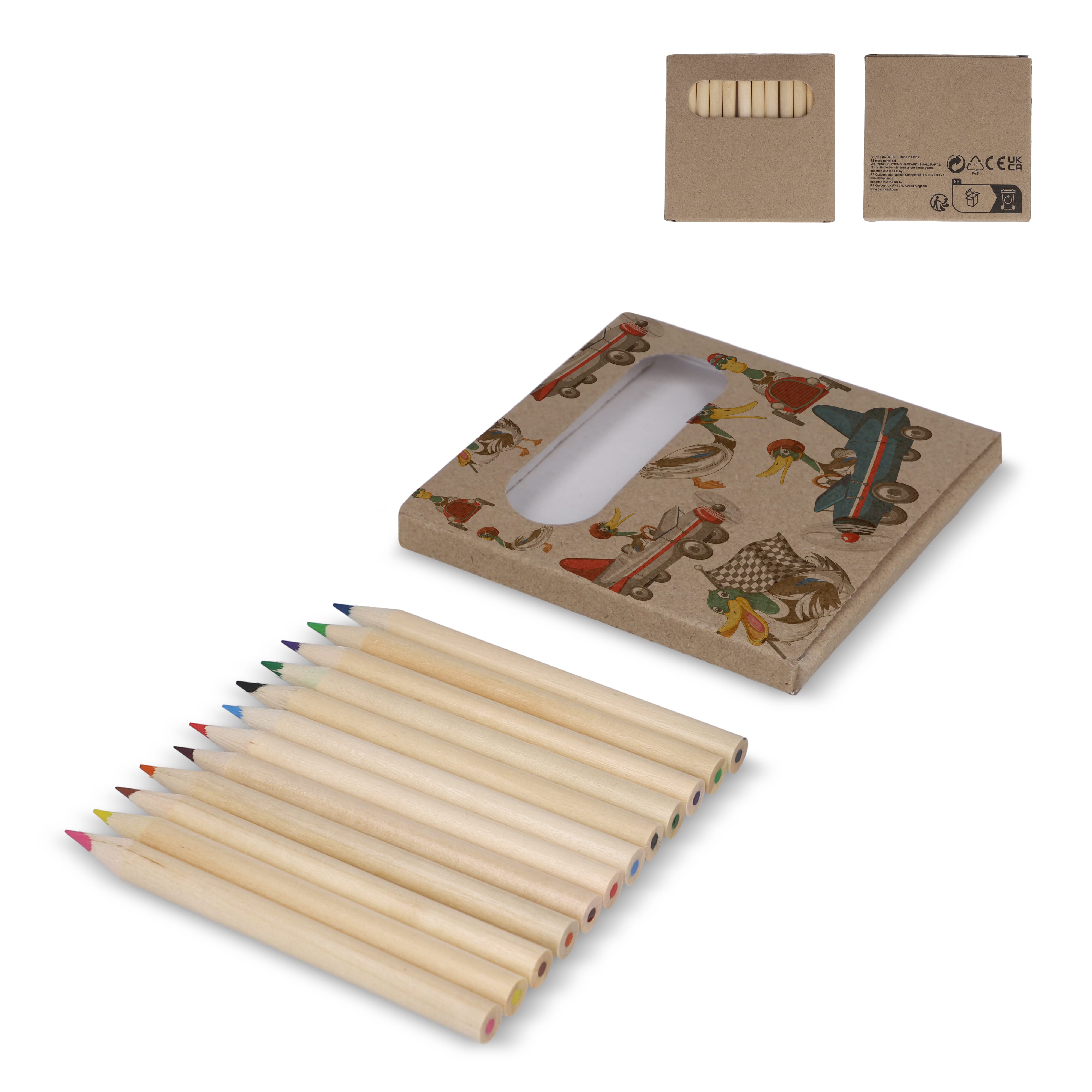 12 crayons de couleur dans une boîte kraft
