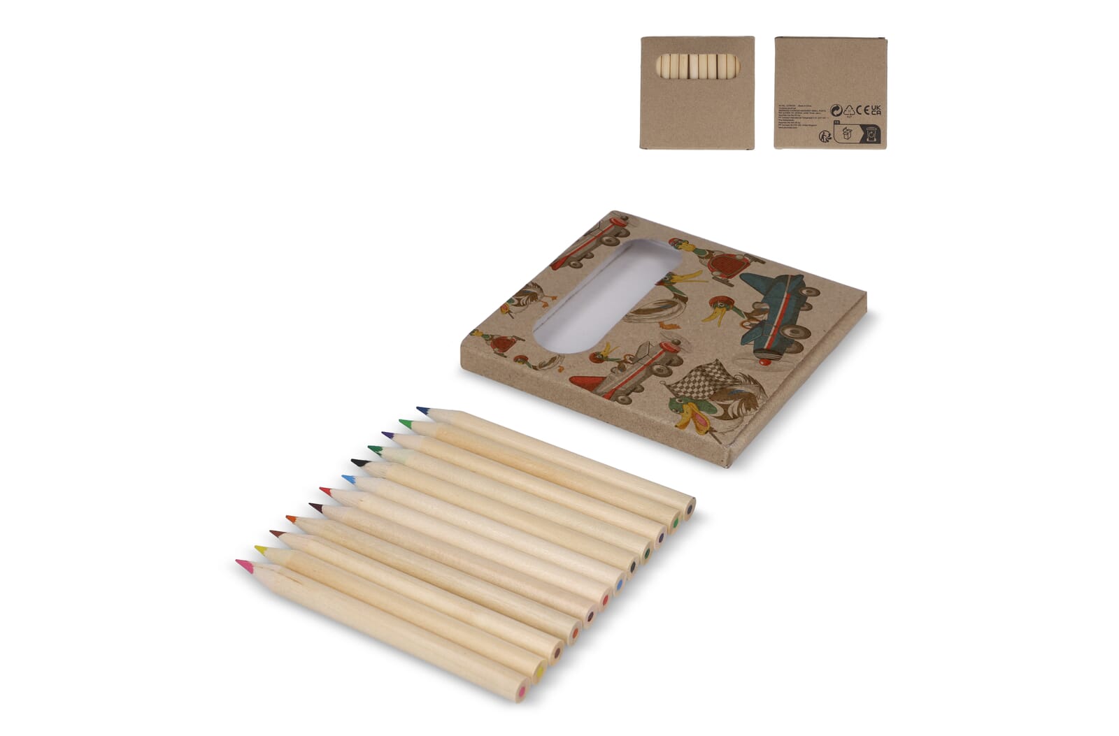 12 crayons de couleur dans une boîte kraft