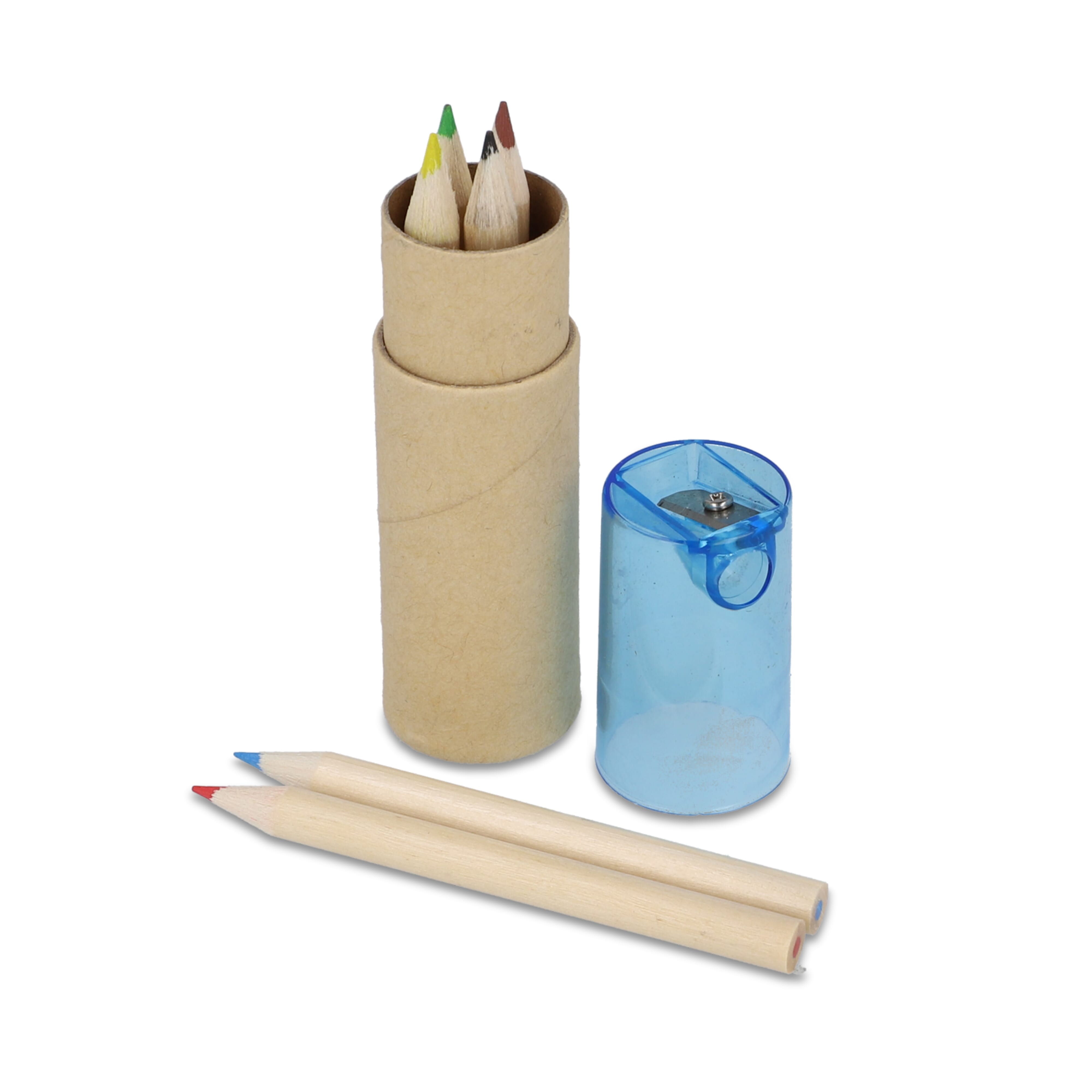 Crayons de couleur dans un tube en carton avec couvercle taille-crayon