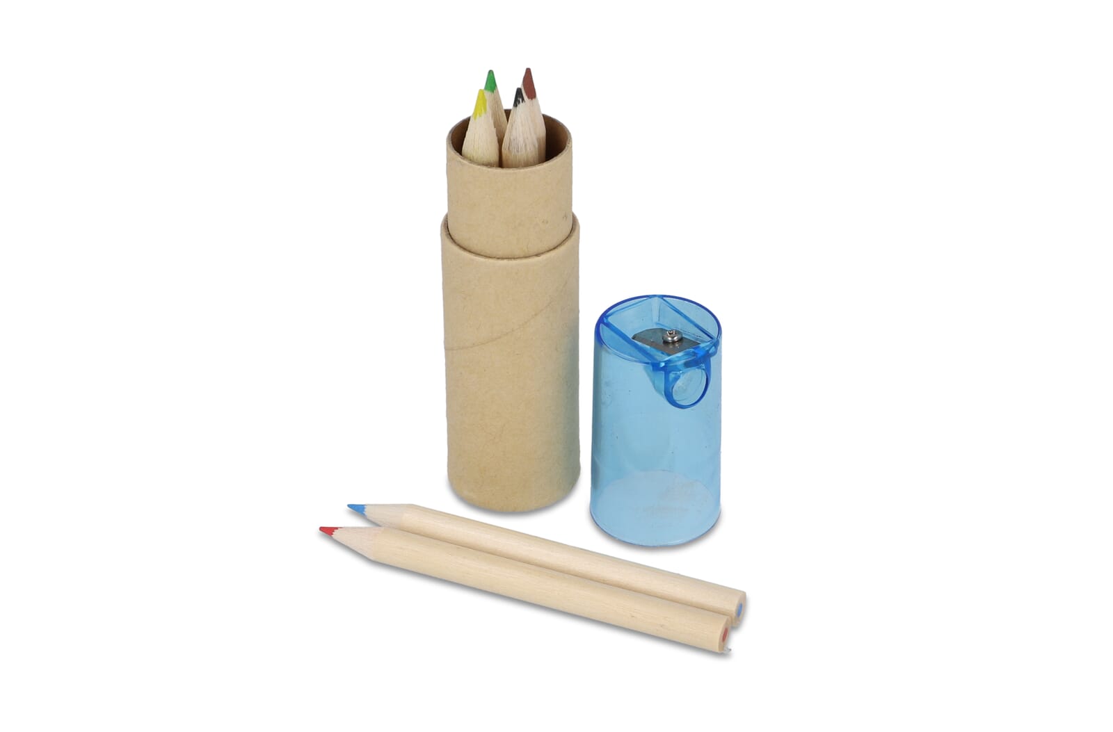 Crayons de couleur dans un tube en carton avec couvercle taille-crayon