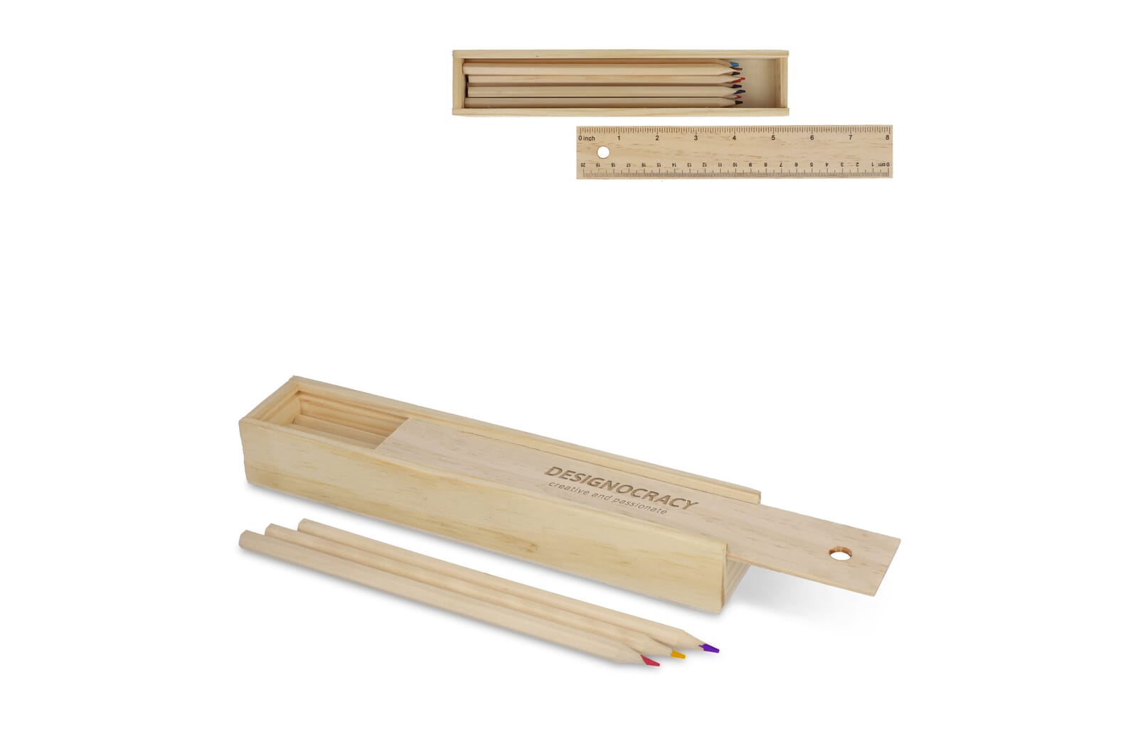 Crayons de couleur dans une boîte en bois coulissante